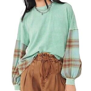 We The Free Shirt Womens Medium Miley Long Sleeve Plaid Sea Green Brown Top